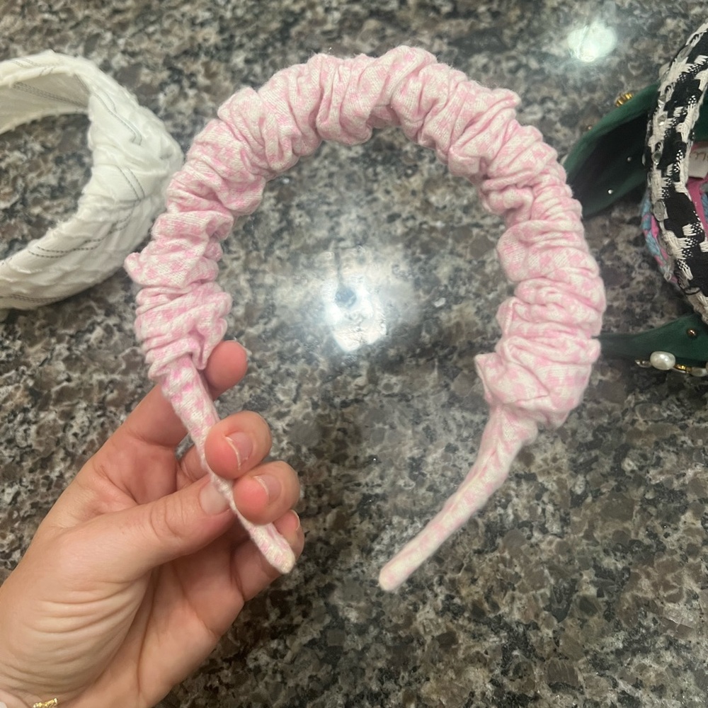 Pink seersucker headband.